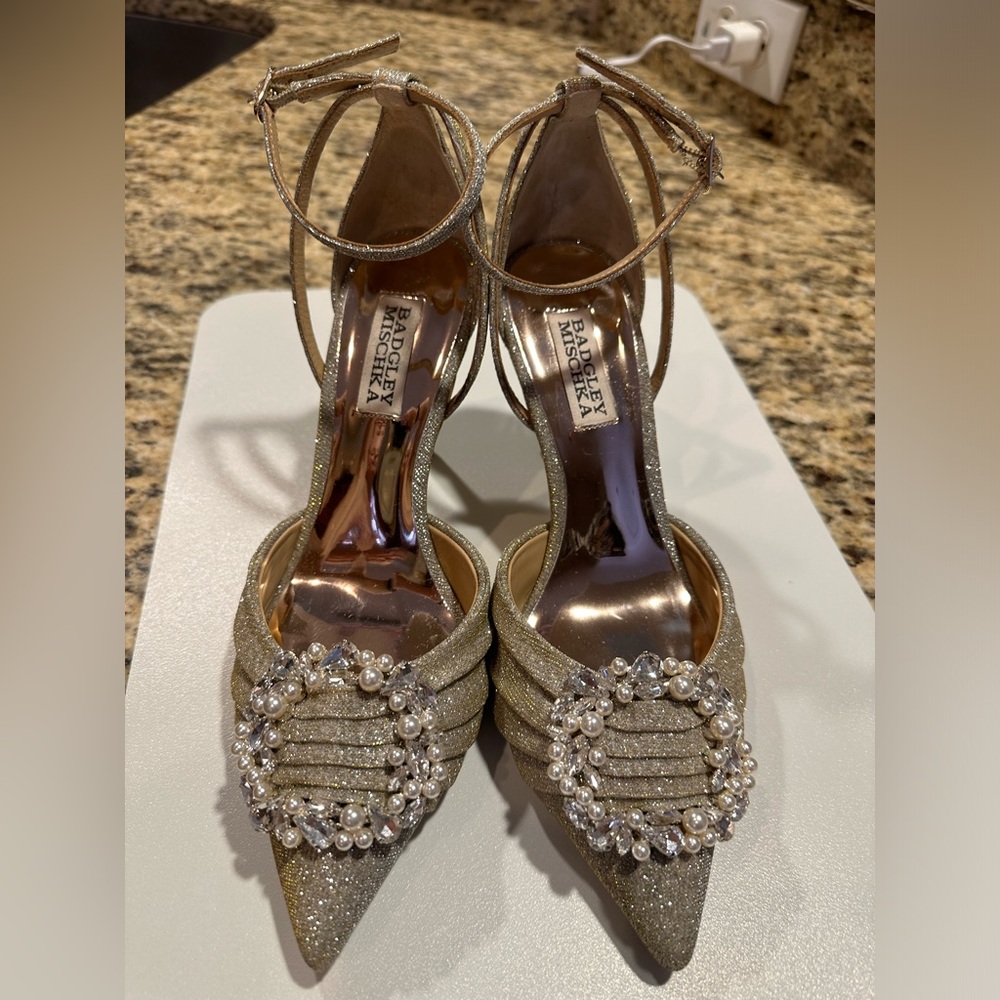 BADGLEY MISCHKA - Size 7 - Gold/Silver Shimmer Ankle-Strap Stiletto